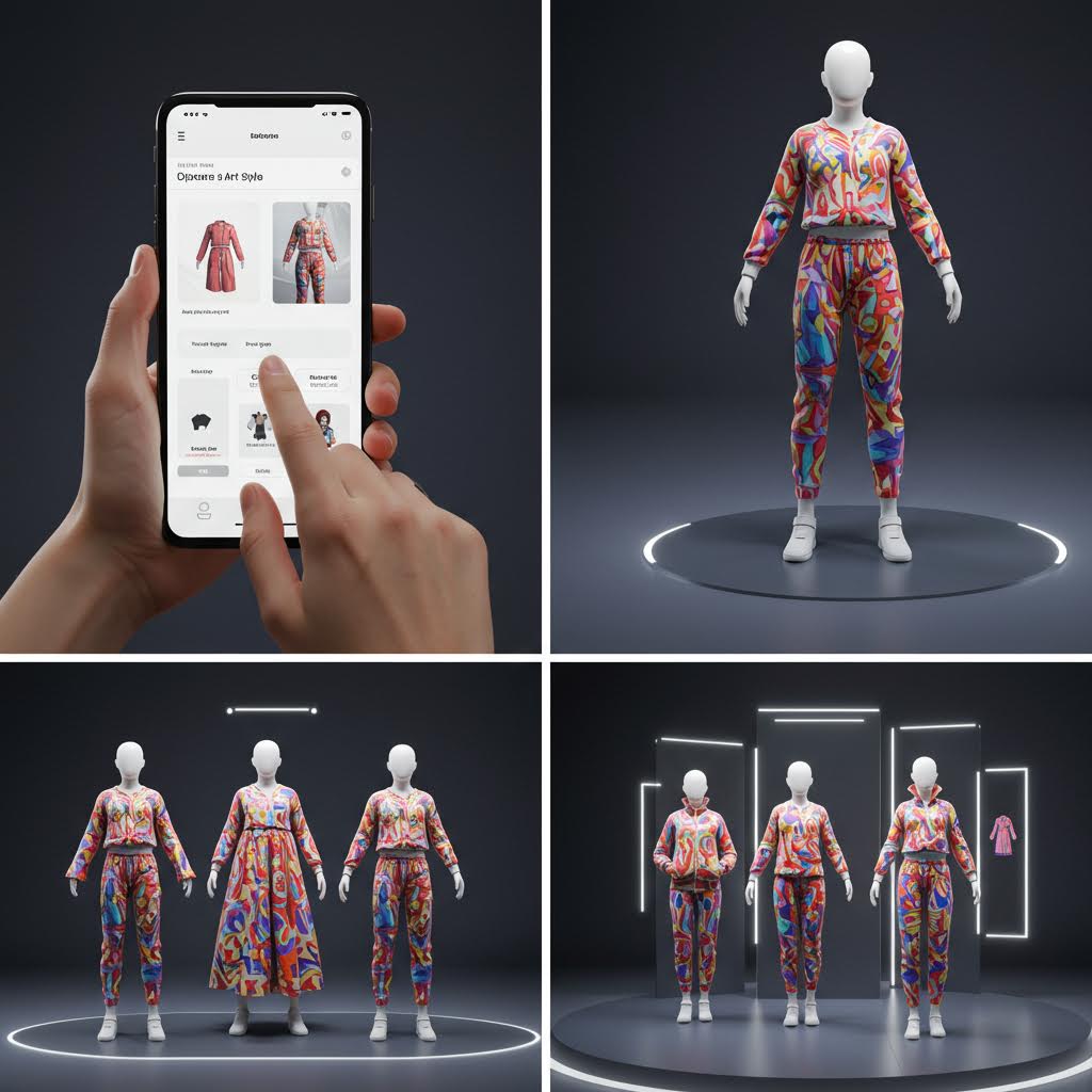 모바일 앱을 통한 아바타 의상 피팅과 3D 가상 착장 시뮬레이션 화면