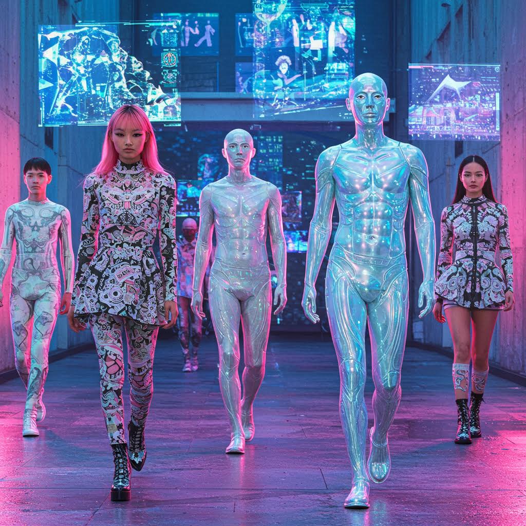 홀로그램과 인간 모델이 나란히 런웨이를 걷는 모습으로 디지털 기술과 패션 예술이 결합된 초현실적 무대를 구현한 장면