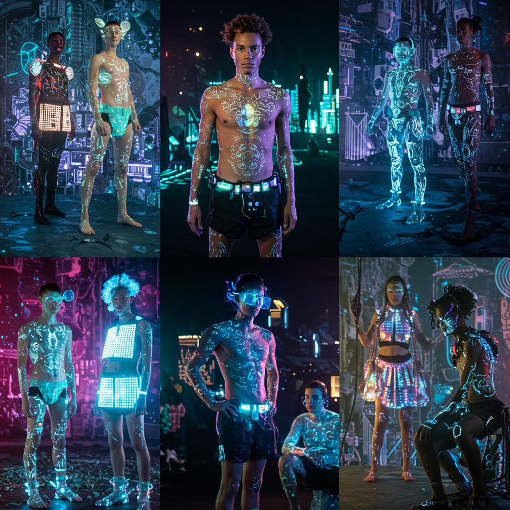 미래적인 그래픽과 광채 의상 속에서 창작자와 소비자의 직접 연결을 표현한 디지털 패션 퍼포먼스 장면