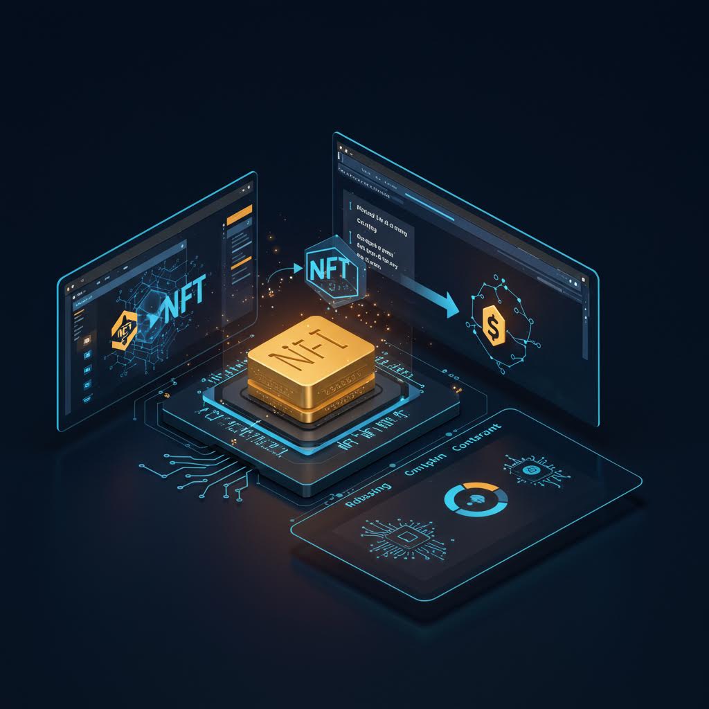 중앙의 디지털 칩 위에 NFT 아이콘이 떠 있고, 양쪽의 가상 그래픽 인터페이스가 연결된 블록체인 데이터 흐름을 보여주는 장면. 루믹스솔루션을 활용한 NFT 거래 관리 시스템이 스마트 컨트랙트와 디지털 자산을 효율적으로 처리하는 과정을 시각화하고 있다.