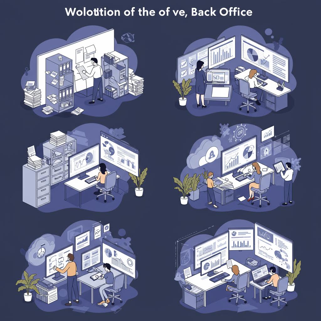 넓은 오피스에서 7명의 팀원이 모여 거대한 홀로그램 기어와 데이터 대시보드를 조작 중이다. 프로젝트 관리, 산업 자동화, 협업 툴의 미래 비전.