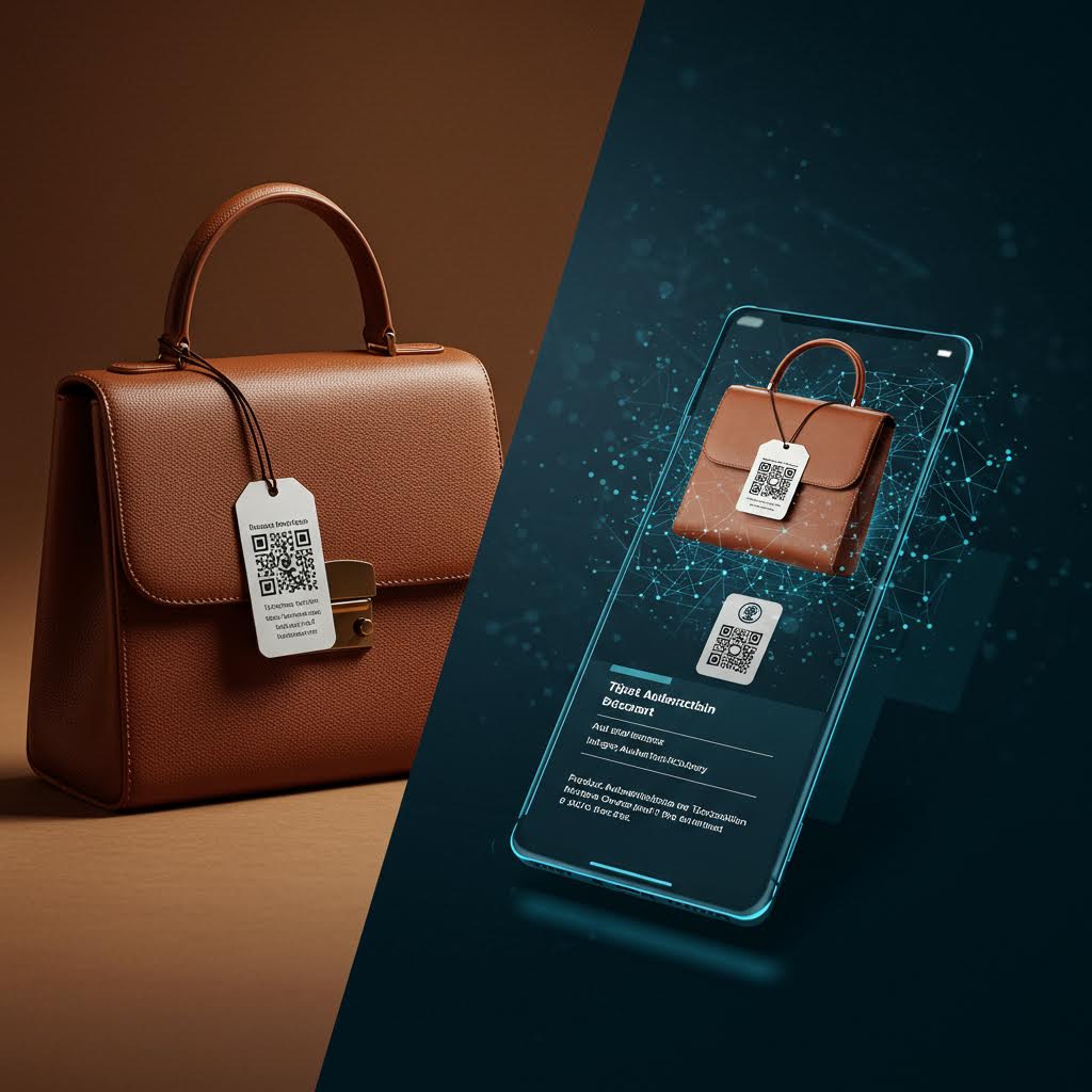 가죽 가방의 태그가 화면 속 디지털 사본으로 이어지며 루믹스의 솔루션이 엮은 진위 검증의 흐름