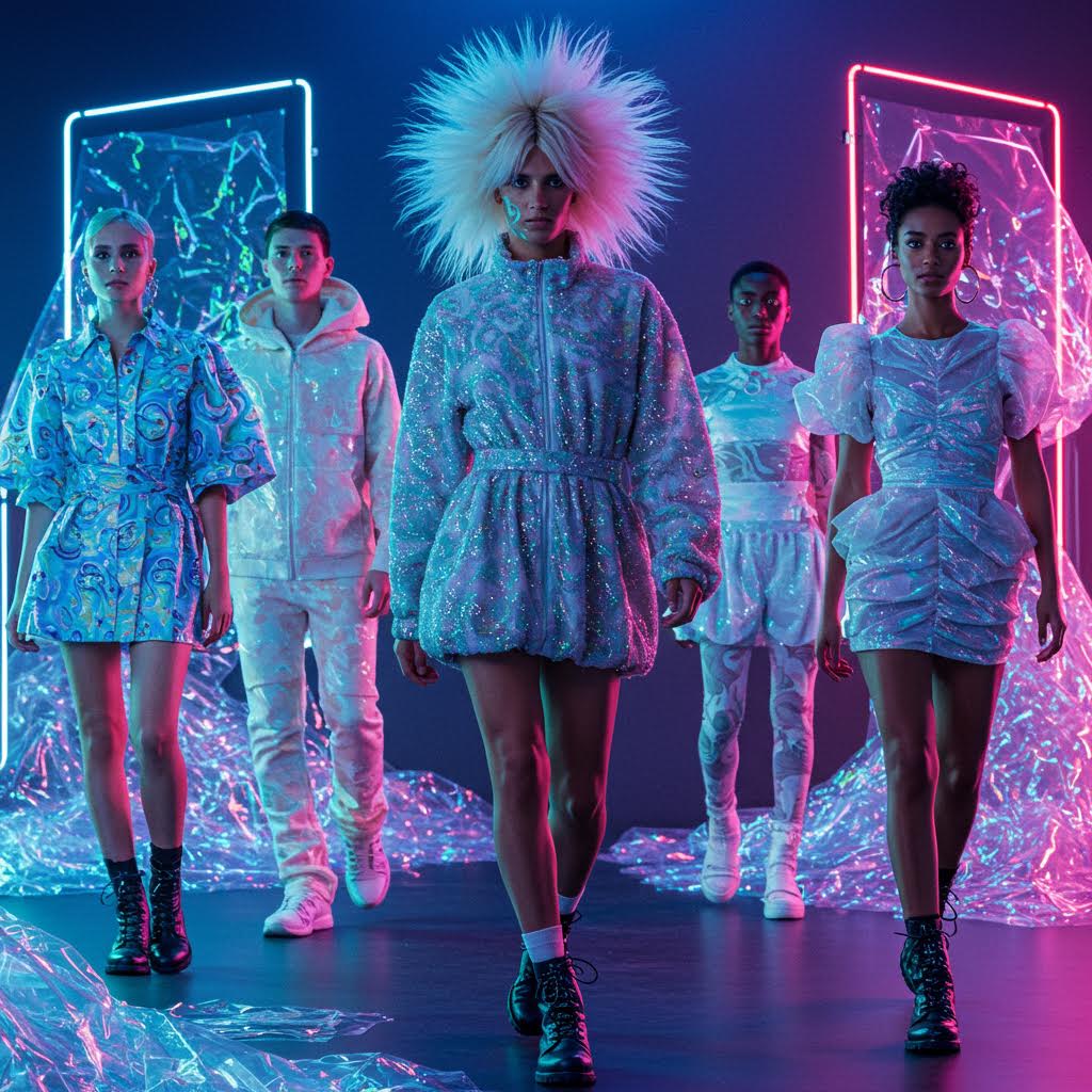 네온 조명 아래 반짝이는 의상을 입은 모델들이 미래적 질감의 런웨이를 걸어가는 화려한 장면