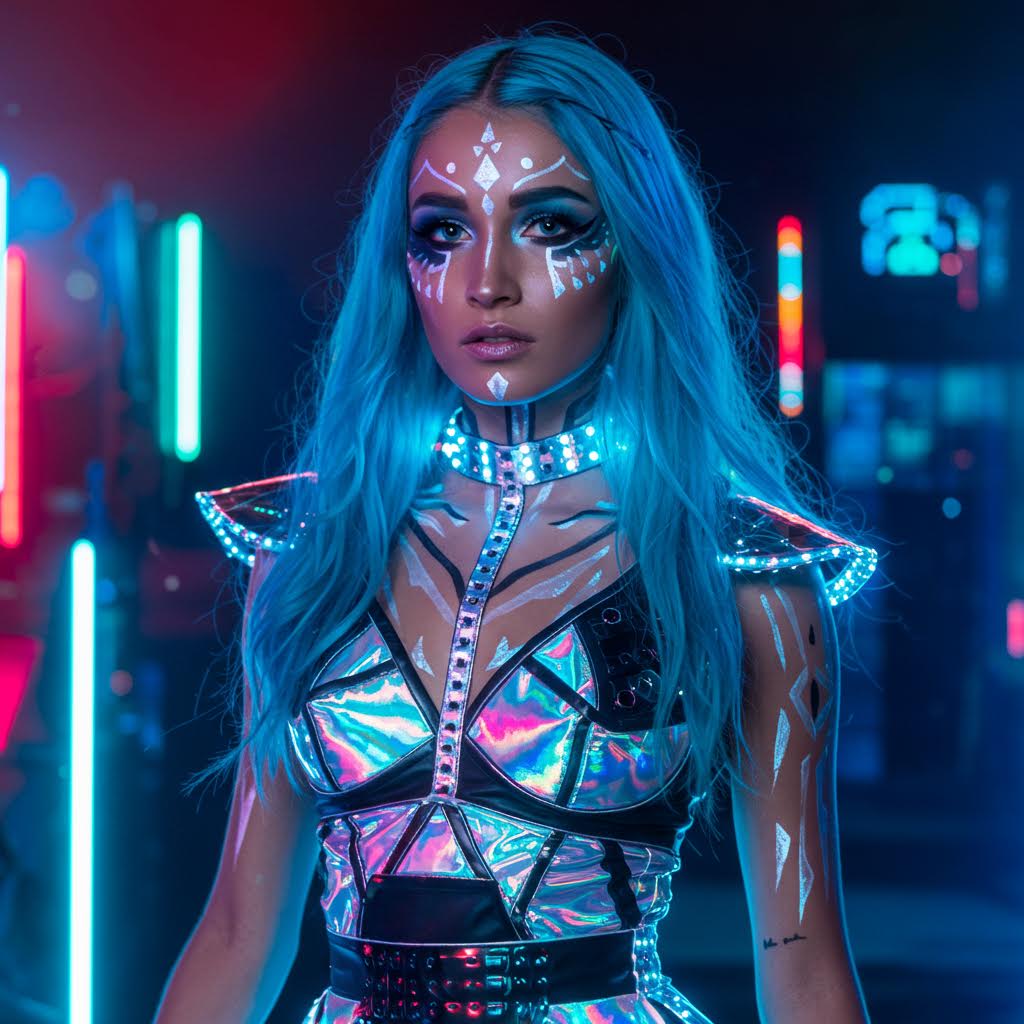 네온빛이 번지는 거리 속 메탈릭 의상이 반사되는 순간 루믹스의 감각적 구축 철학이 스며든 미래형 인상