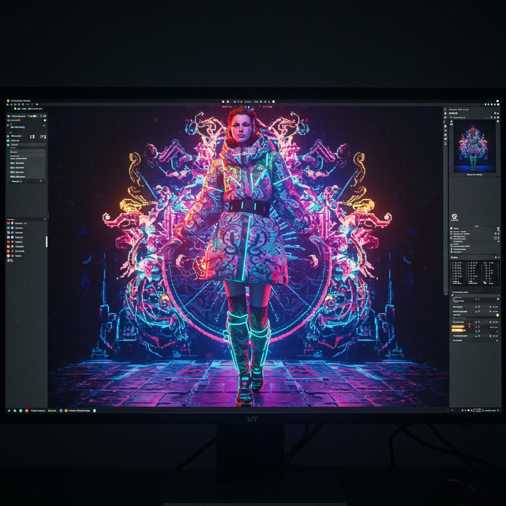 컴퓨터 모니터 화면에 네온빛 디지털 패션 디자인이 표시된 장면. 루믹스솔루션을 활용한 가상 의상 제작 시스템이 3D 모델링과 시각 효과를 결합해 미래형 디지털 패션을 구현하는 과정을 보여주고 있다.