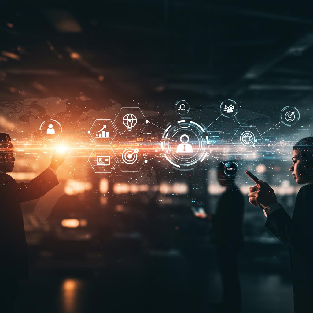 석양 지는 도시 스카이라인 위로 비트코인, 클라우드, 모바일, 카메라 등 디지털 아이콘들이 네트워크 노드로 연결되어 있다. 스마트 시티의 IoT와 블록체인 기반 연결성을 상징.