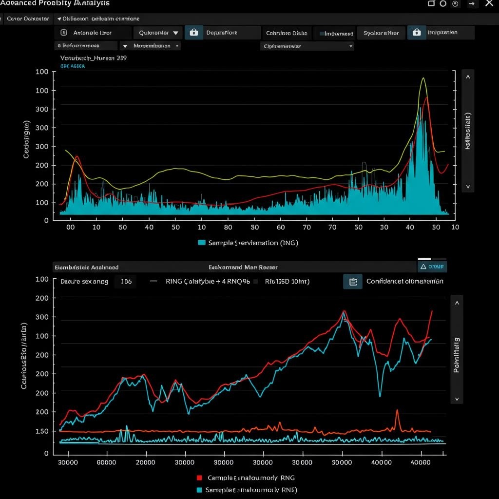 수학 워크플로우 시스템 - 녹색 네온 배경에 수학 공식과 그래프 교차점이 표시된 확률 계산 및 의사결정 트리 알고리즘 시각화