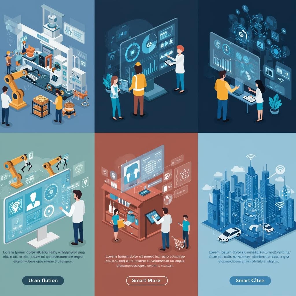 루믹스 스마트 팩토리 리테일 스마트 시티 아이소메트릭 콜라주