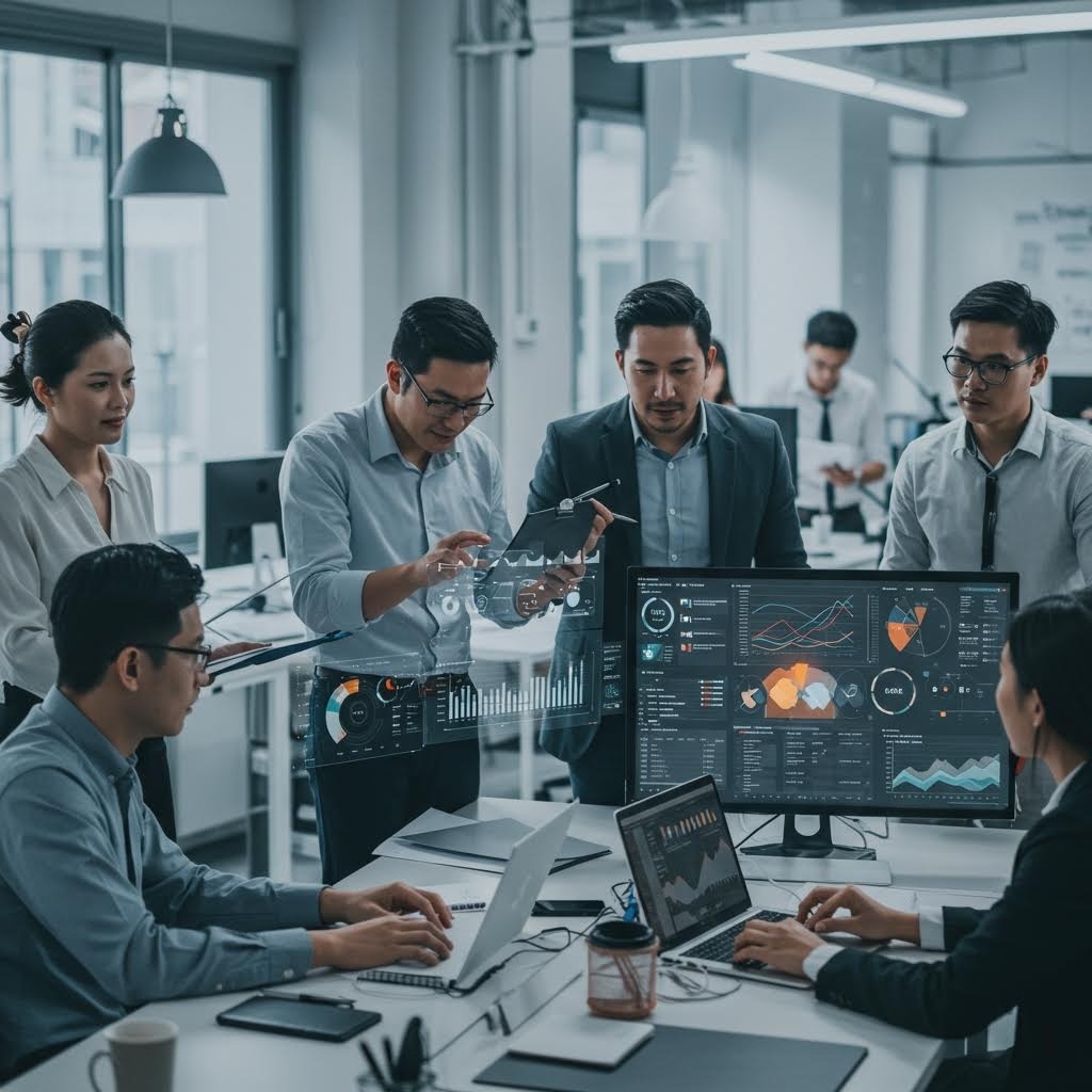 루믹스 비즈니스 팀 회의 홀로그램 데이터 분석 협업 장면