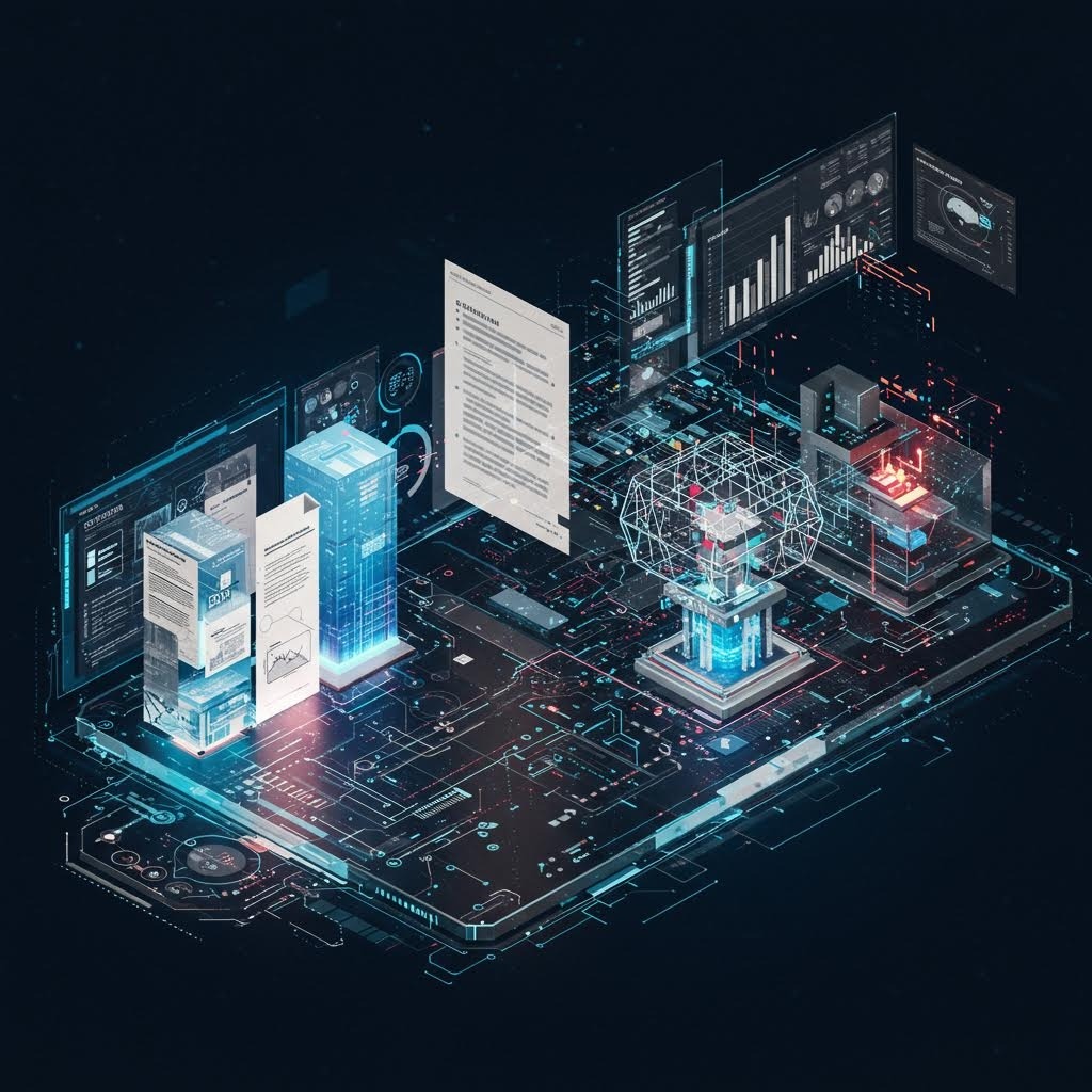 문서, 데이터베이스, 분석 대시보드 및 중앙 처리 허브가 연결된 미래형 아이소메트릭 디지털 플랫폼