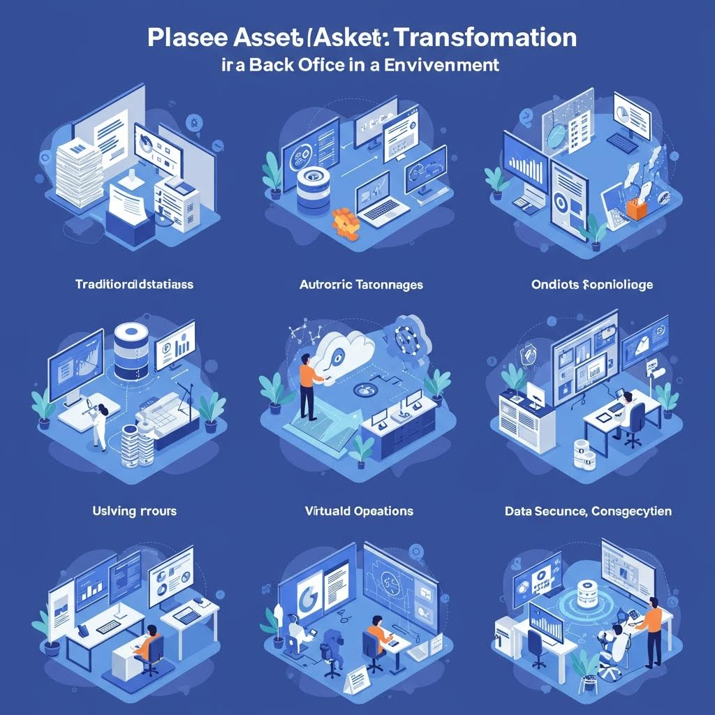 전통적 데이터베이스, 자동 분류, 가상 운영 및 데이터 보안을 포함한 백오피스 디지털 전환의 9가지 측면을 보여주는 아이소메트릭 인포그래픽