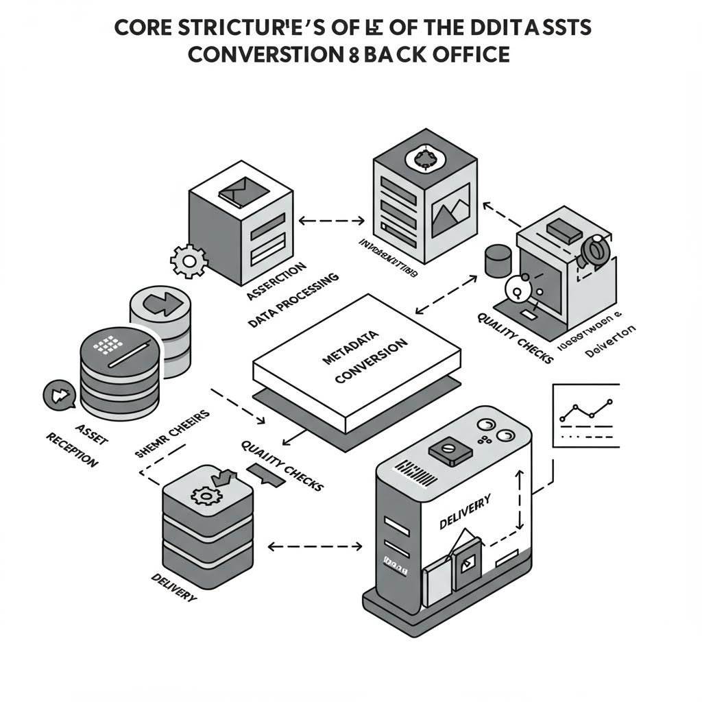 자산 수집, 데이터 처리, 메타데이터 변환, 품질 검사 및 배송 단계를 보여주는 디지털 자산 변환 및 백오피스의 핵심 구조 다이어그램