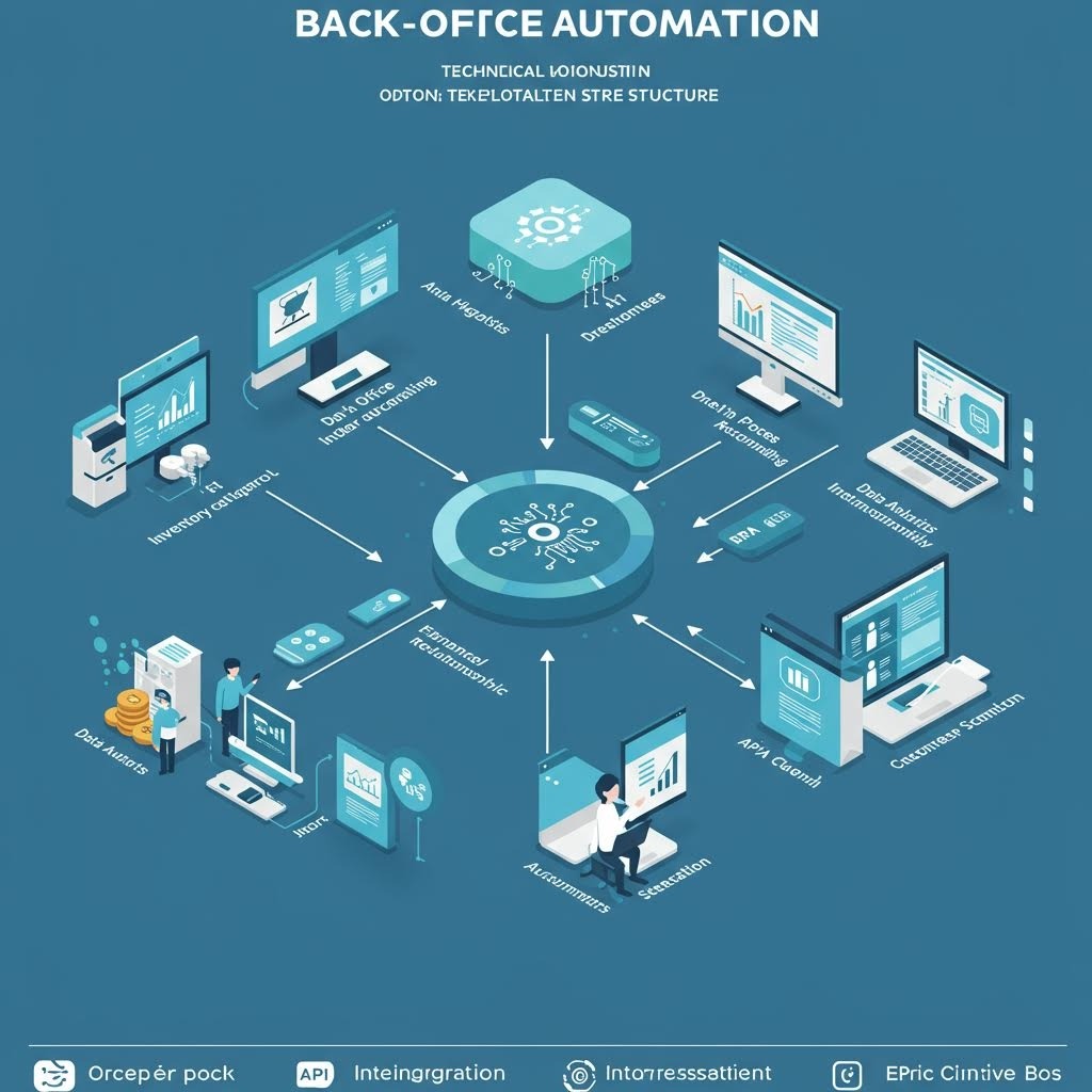 인벤토리 관리, API 통합, 모니터링 및 고객 솔루션을 포함한 구성 요소가 중앙 자동화 허브에 연결된 백오피스 자동화 시스템 다이어그램