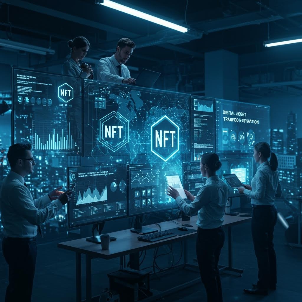 NFT 데이터 및 디지털 자산 변환 분석이 표시된 대형 투명 화면과 상호 작용하는 어두운 제어실의 전문가 팀