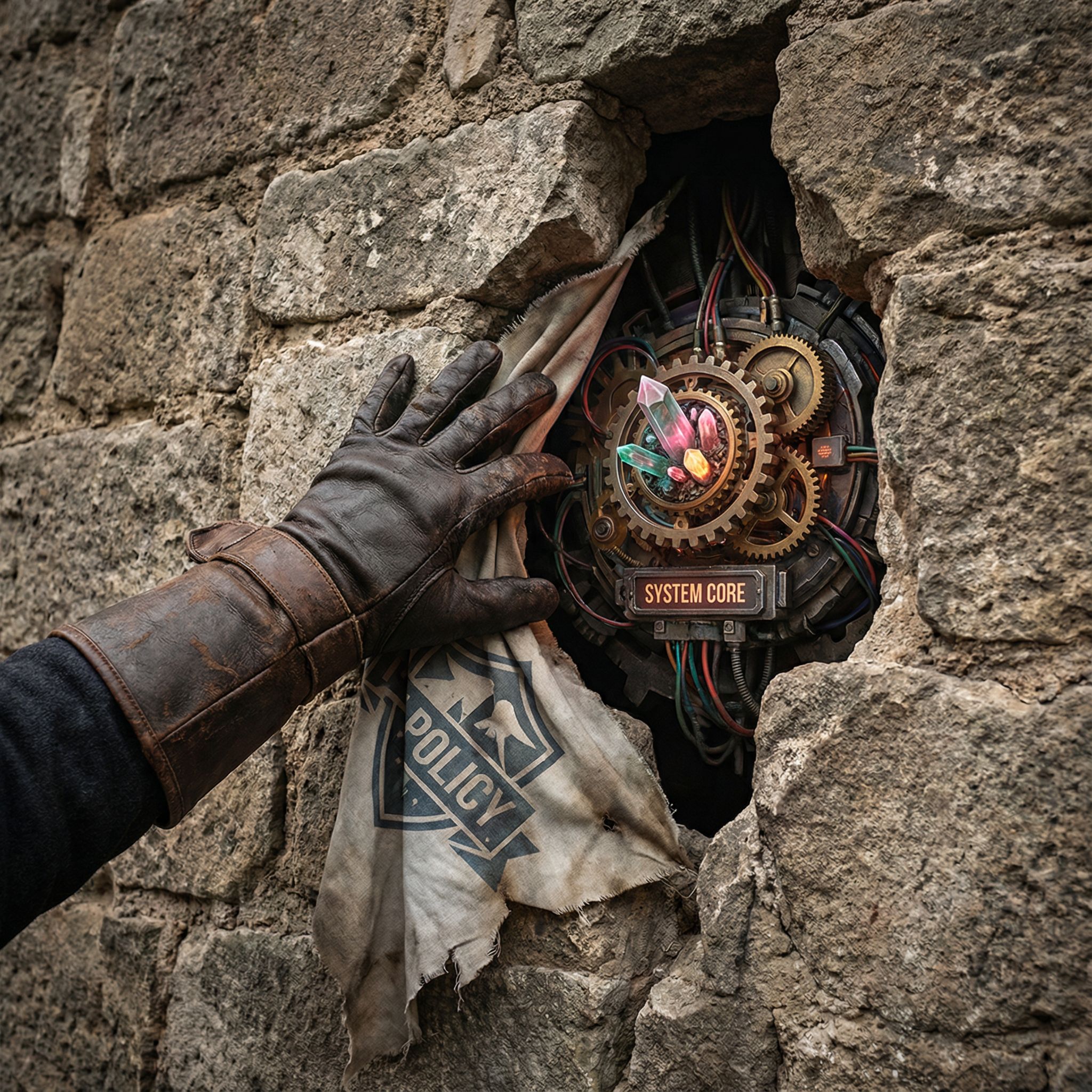 검은색 장갑을 낀 손이 금이 간 성벽 틈새로 침투해 정책 깃발을 무시하고 붉은 빛의 시스템 핵심을 노리는