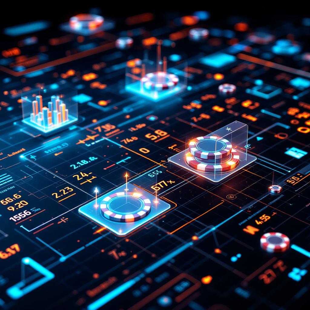 실시간 금융 데이터 시각화 – 청록색·주황색·분홍색 라인 그래프와 숫자 지표가 포함된 3D 홀로그램 트레이딩 대시보드