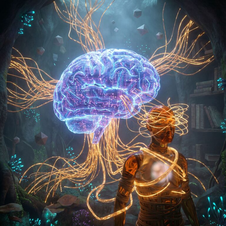 빛나는 인공지능 뇌가 복잡한 데이터 실타래로 인간의 직관적 사고를 휘감아 무력화시키는 초현실적인 장면이다.