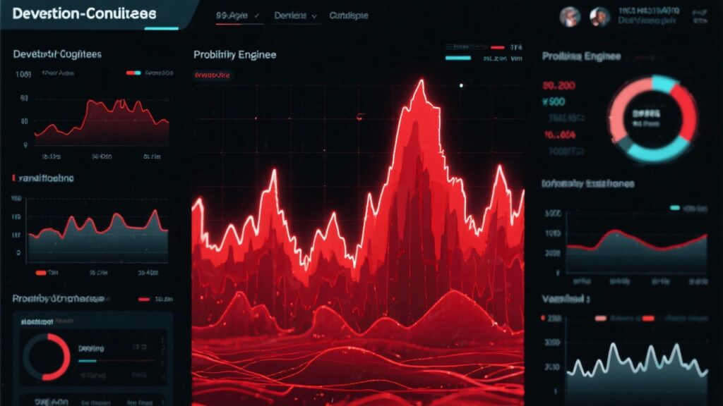 카지노 게임 데이터 분석 화면 – 포커 칩 아이콘과 함께 배당률, 통계 수치가 표시된 홀로그램 기반 게임 분석 패널