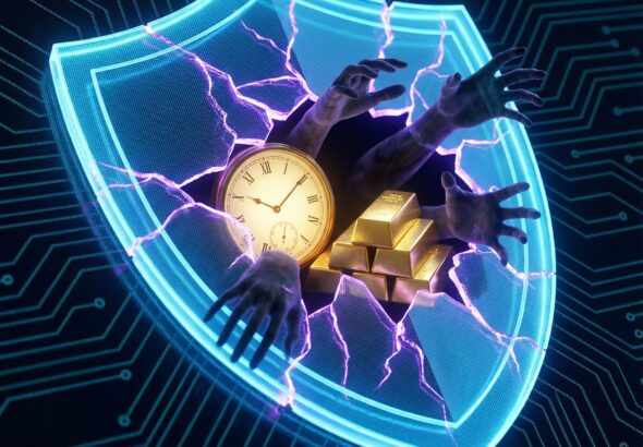 금빛 막대시계와 금괴를 향해 그림자 같은 손이 뻗어 나오는, 금이 간 디지털 방패의 모습이다.