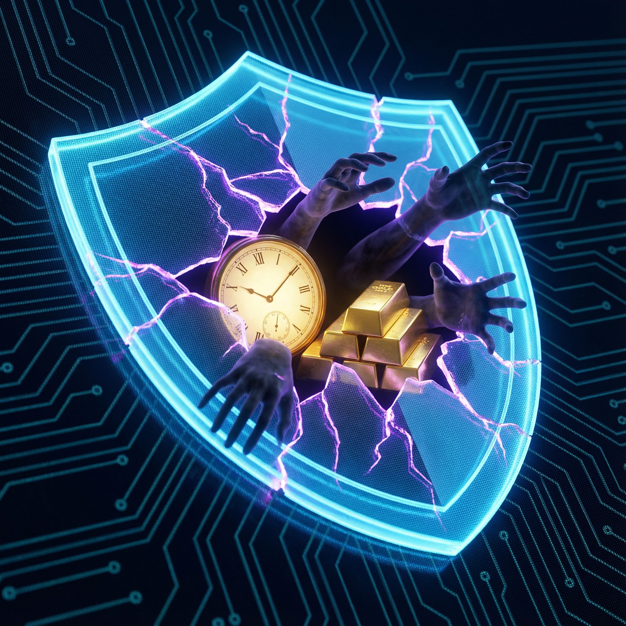 금빛 막대시계와 금괴를 향해 그림자 같은 손이 뻗어 나오는, 금이 간 디지털 방패의 모습이다.