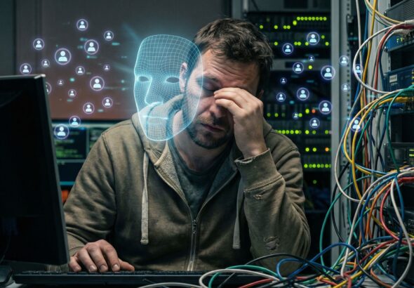 피곤한 관리자의 얼굴 위로 떠 있는 디지털 마스크와 주변의 빛나는 사용자 아이콘, 엉킨 서버 케이블이