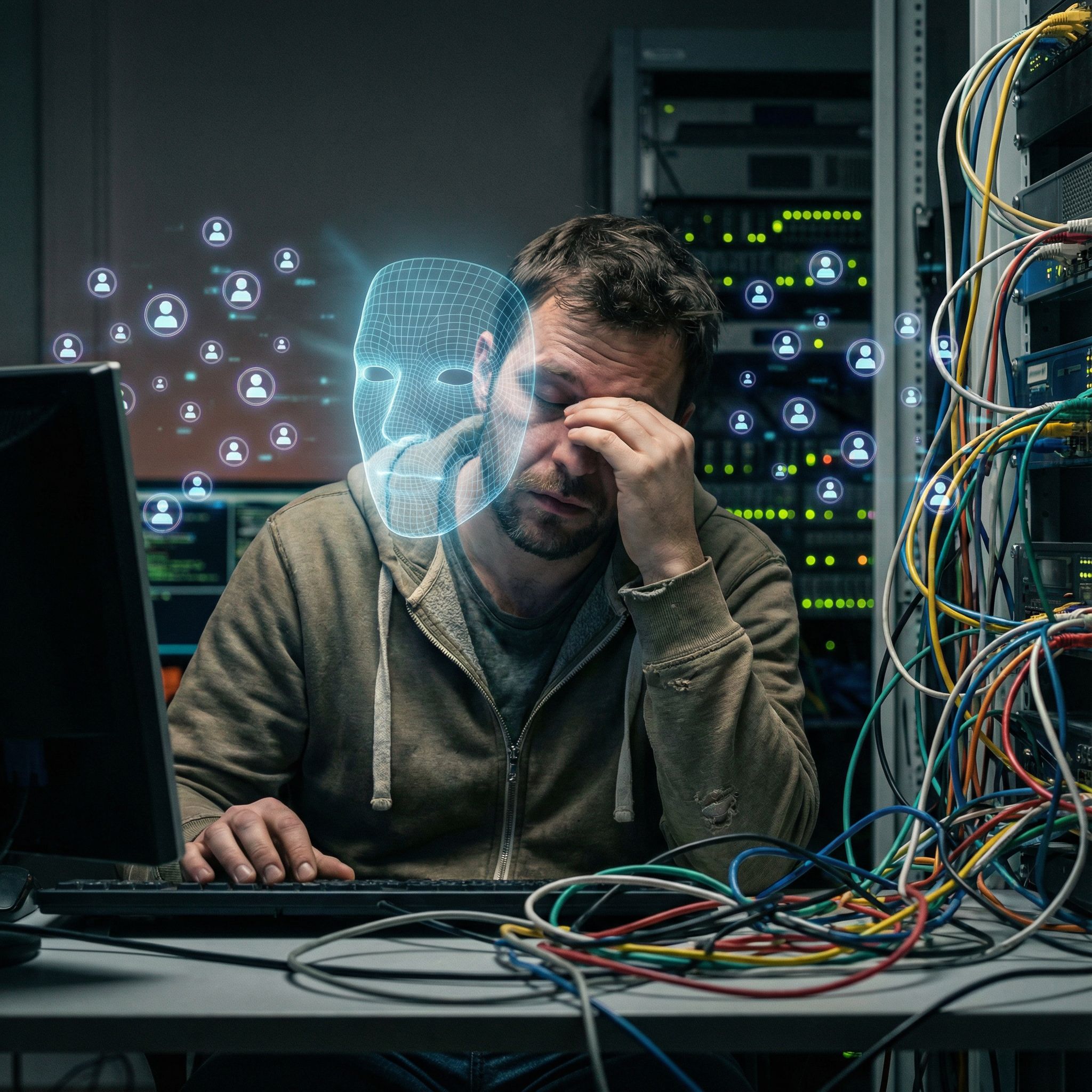 서버 장비 앞에 앉은 인물이 한 손으로 얼굴을 짚고 복잡한 케이블과 화면 속 아이콘에 둘러싸인 장면