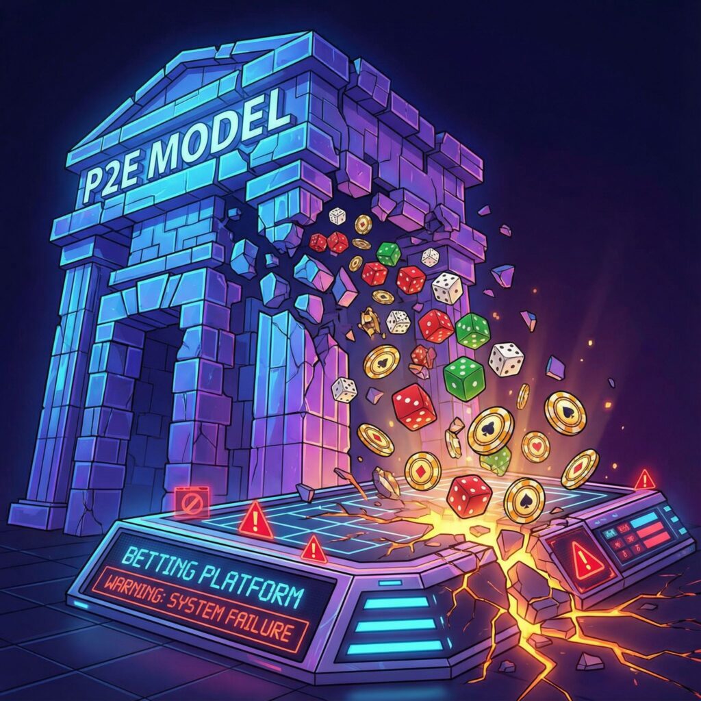 거대한 P2E 구조물이 붕괴하며 떨어지는 조각들은 주사위와 포커 칩이 되어 금이 간 베팅 플랫폼에