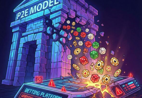 거대한 P2E 구조물이 붕괴하며 떨어지는 조각들은 주사위와 포커 칩이 되어 금이 간 베팅 플랫폼에