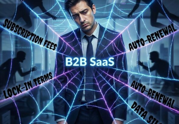 빛나는 B2B SaaS 거미줄에 갇힌 비즈니스맨과 그 줄기를 기어다니는 그림자 같은 구독료와 계약 조건을