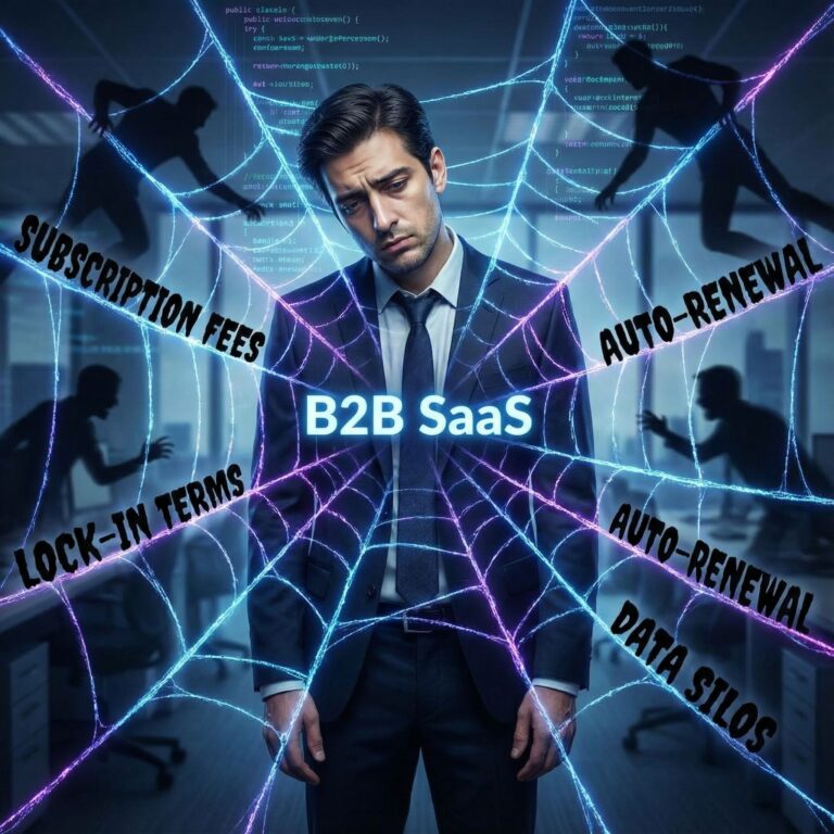 빛나는 B2B SaaS 거미줄에 갇힌 비즈니스맨과 그 줄기를 기어다니는 그림자 같은 구독료와 계약 조건을