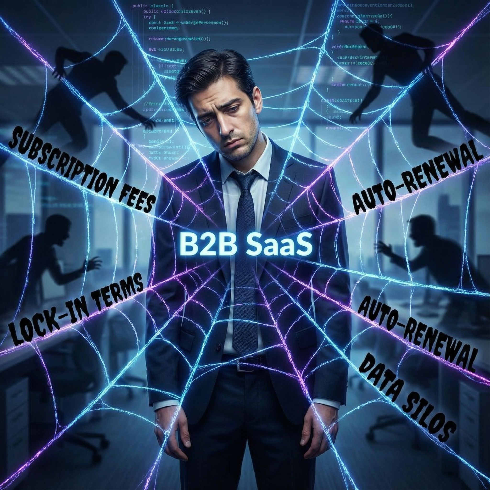 빛나는 B2B SaaS 거미줄에 갇힌 비즈니스맨과 그 줄기를 기어다니는 그림자 같은 구독료와 계약 조건을