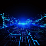 빛나는 푸른색 데이터 파이프라인이 서버 네트워크로 코드를 흘려보내는 모습이다.