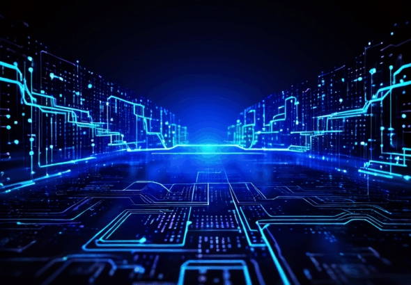 빛나는 푸른색 데이터 파이프라인이 서버 네트워크로 코드를 흘려보내는 모습이다.