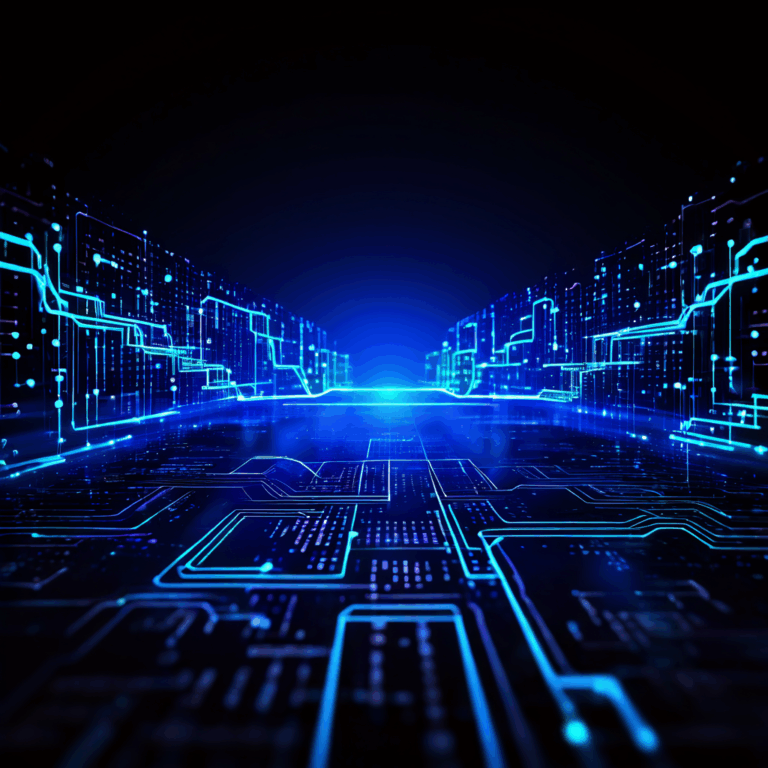 빛나는 푸른색 데이터 파이프라인이 서버 네트워크로 코드를 흘려보내는 모습이다.