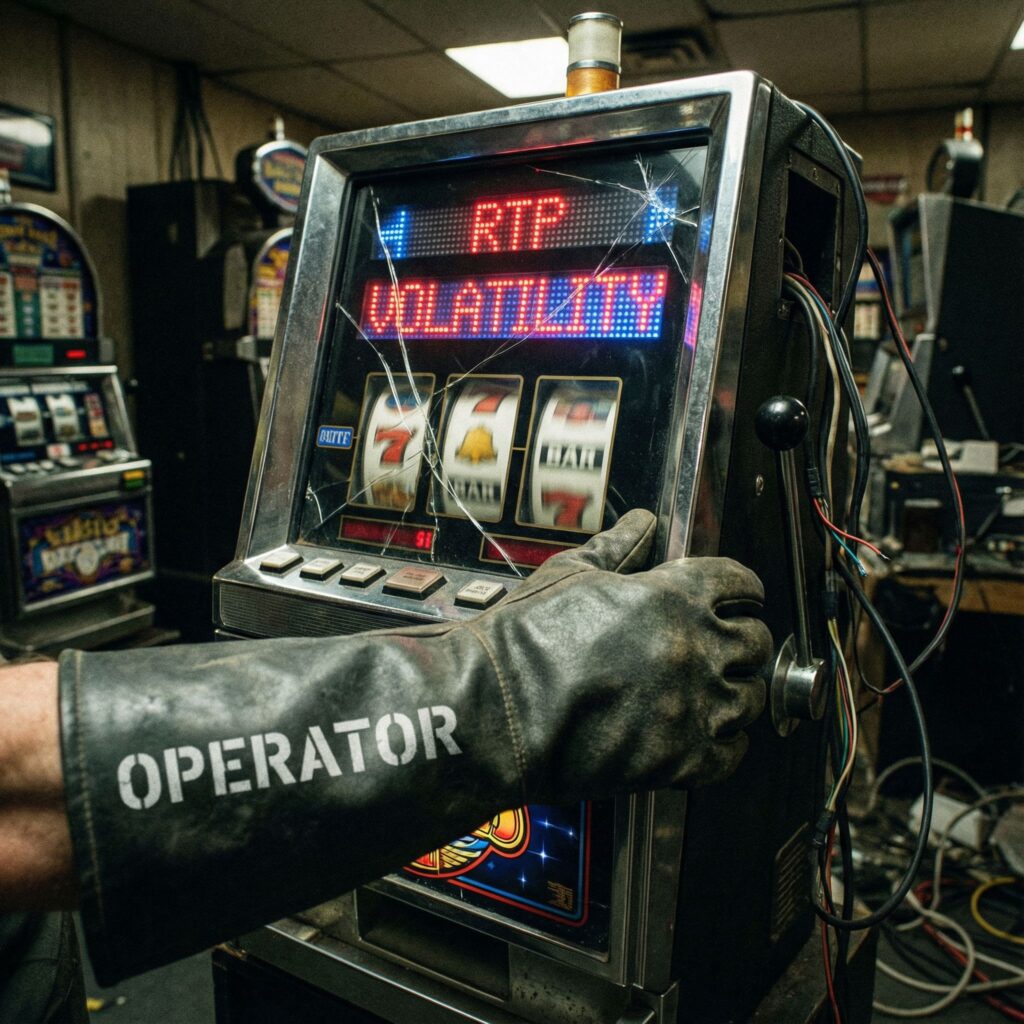 거대한 '운영자'라고 적힌 손이 RTP와 변동성이 빛나는 혼란스러운 슬롯머신을 제어하려 애쓰는 모습이다.