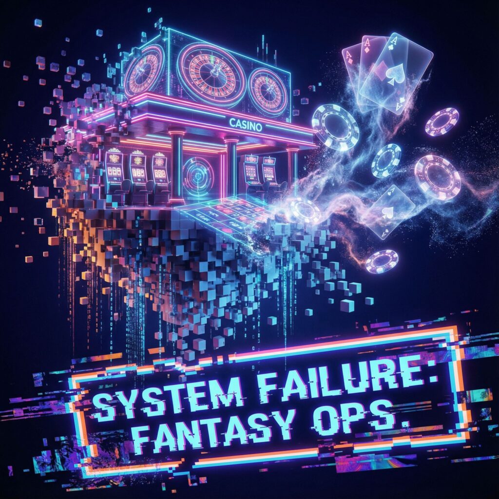 디지털 카지노가 글리칭 효과와 함께 붕괴하며 칩과 카드가 픽셀로 변해가는 초현실적 풍경이다.