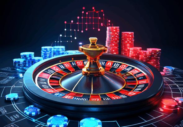 빛나는 연결 고리가 룰렛 휠과 베팅 칩을 그래프 차트와 이어주는 개념적 도식이다.