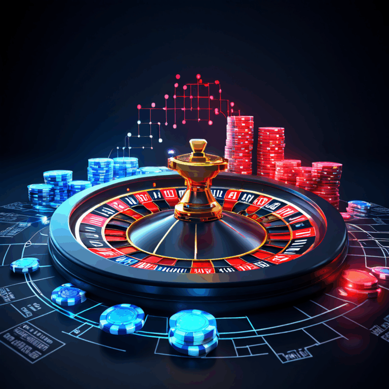 빛나는 연결 고리가 룰렛 휠과 베팅 칩을 그래프 차트와 이어주는 개념적 도식이다.