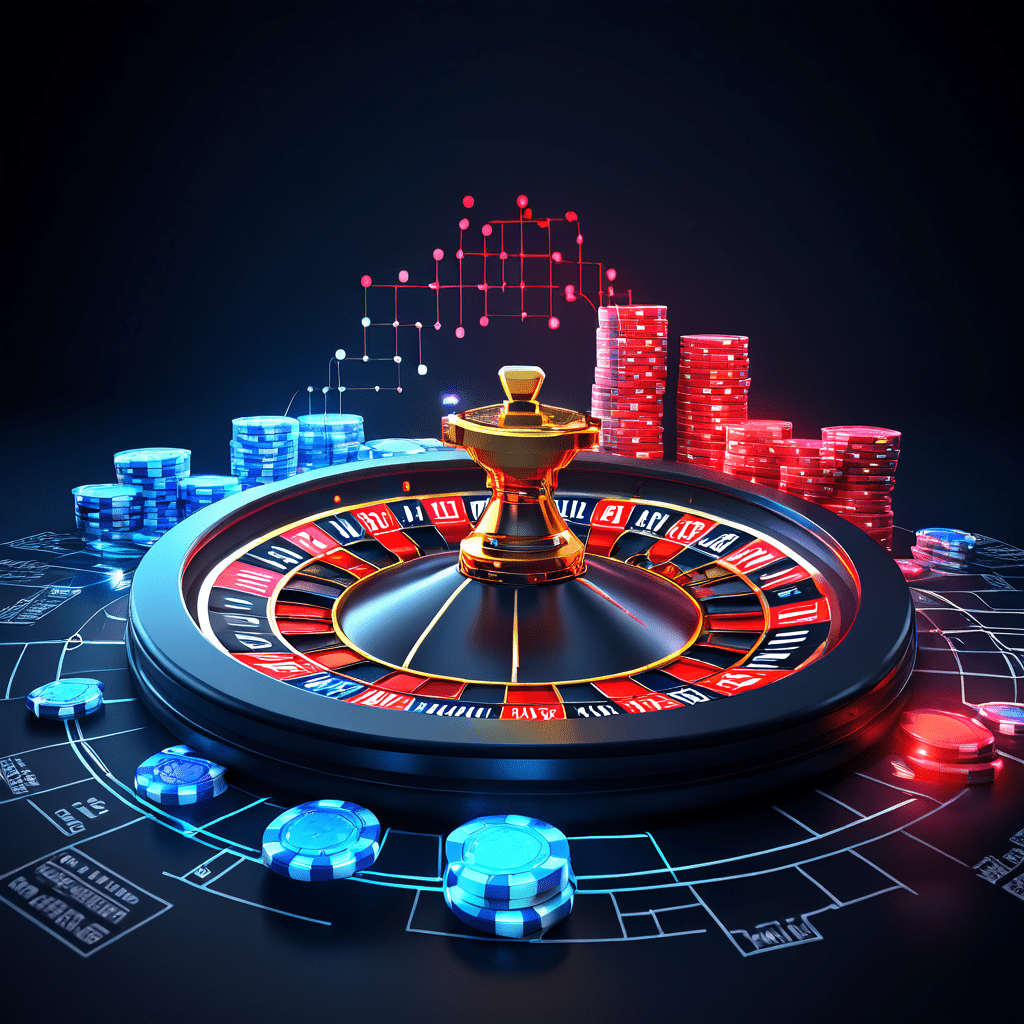 빛나는 연결 고리가 룰렛 휠과 베팅 칩을 그래프 차트와 이어주는 개념적 도식이다.