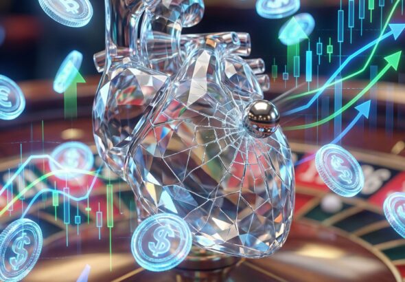 투명한 유리 심장에 룰렛 공이 떨어져 금이가는 순간, 주가 차트와 디지털 코인이 주변을 휘감고 있습니다.