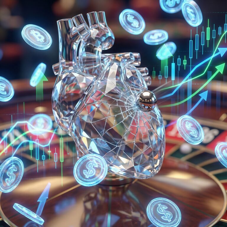 투명한 유리 심장에 룰렛 공이 떨어져 금이가는 순간, 주가 차트와 디지털 코인이 주변을 휘감고 있습니다.