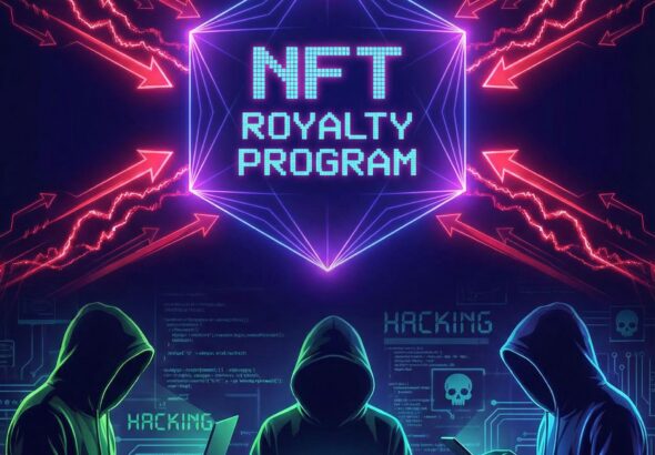 빨간 화살표가 겨누어진 'NFT 로열티 프로그램' 디지털 금고를 해킹 도구를 든 그림자 같은 인물들이
