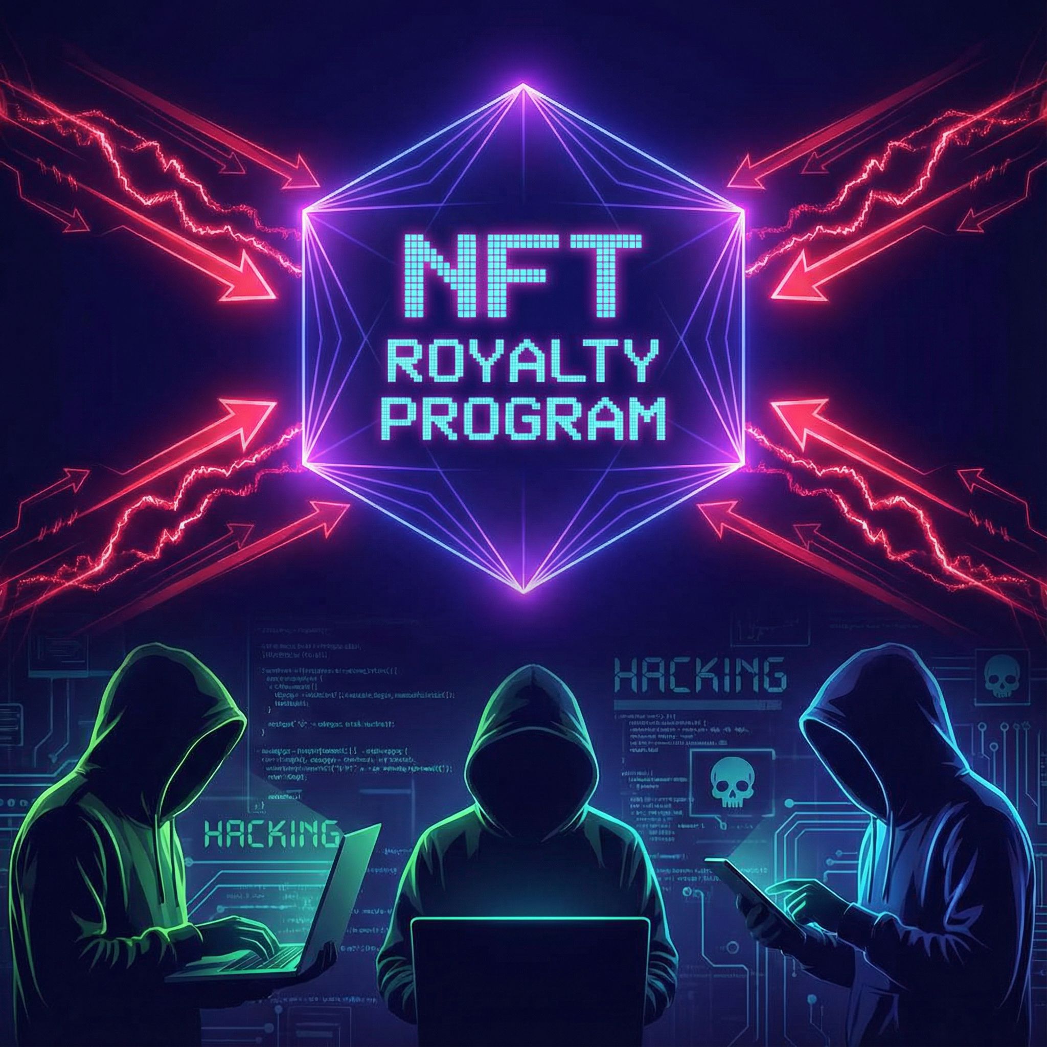 빨간 화살표가 겨누어진 'NFT 로열티 프로그램' 디지털 금고를 해킹 도구를 든 그림자 같은 인물들이
