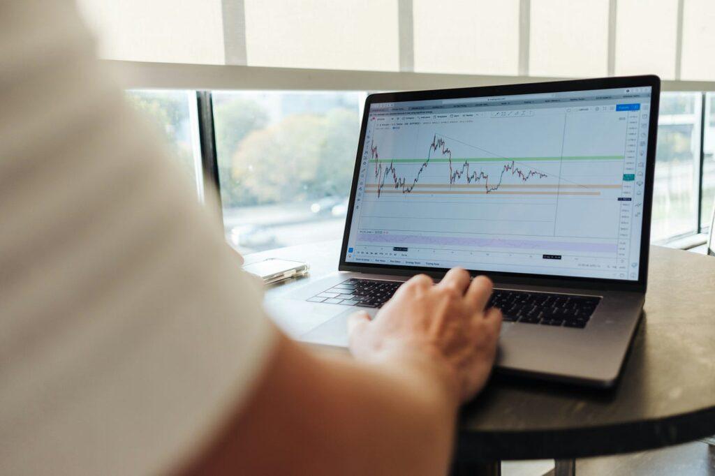 Investor analyzing the performance of a long-term financial product on a laptop.