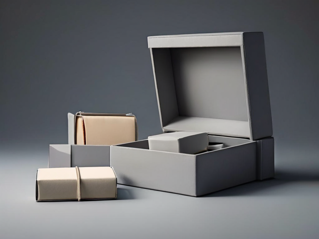 Small archive boxes and blank compartment inserts on a matte gray surface, soft side light, clean shadows.
