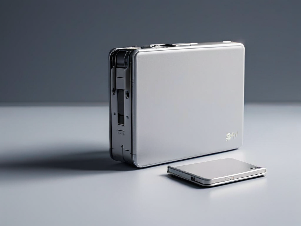 Gray memory card, sealed external drive, and blank photo sleeve on matte gray surface for archive review.