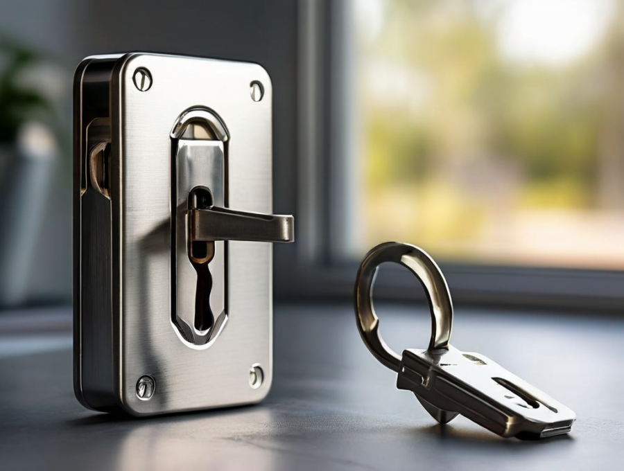 Small metal lock, closed key case, and blank security card on brushed metal surface in angled morning light.