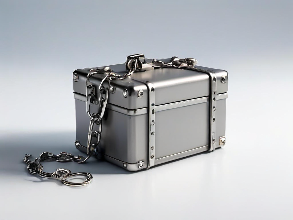 A sealed storage case with a short metal chain and separate small blocks symbolizing connected file locations on a gray studio.