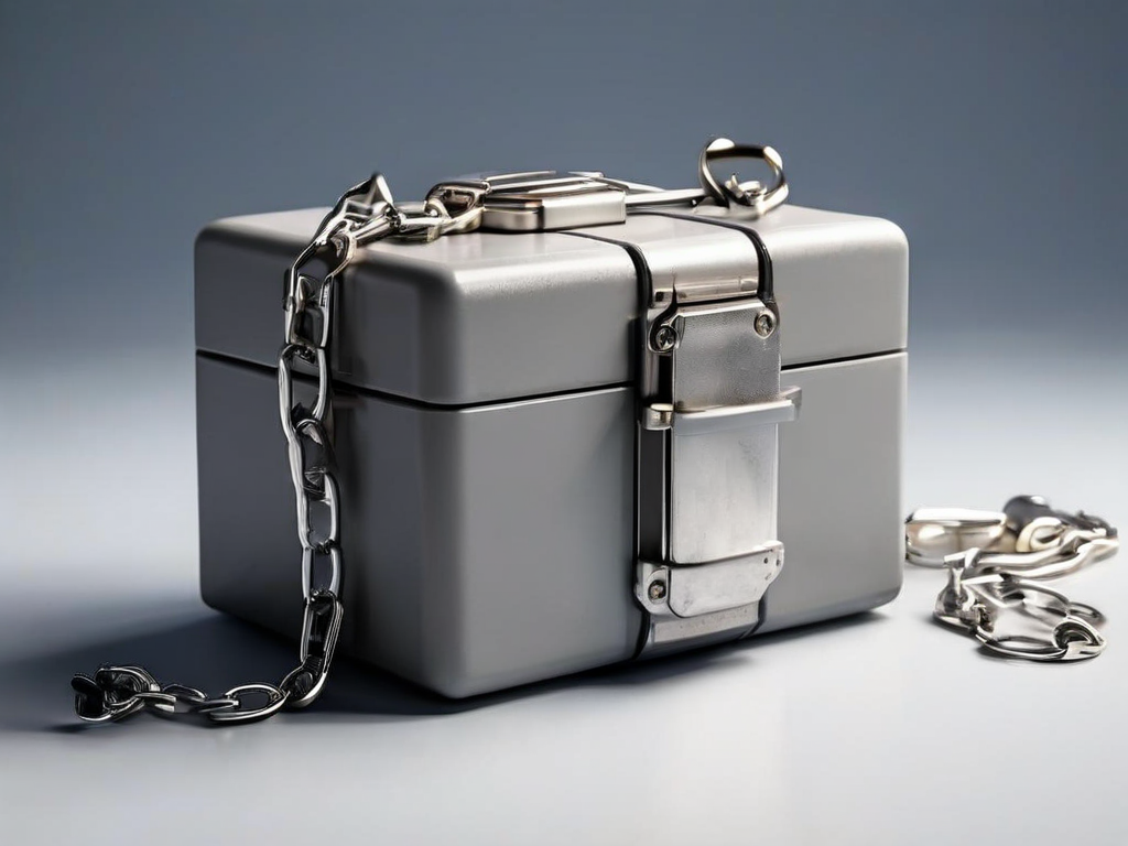 Metal storage case with chain and small location blocks on gray studio surface