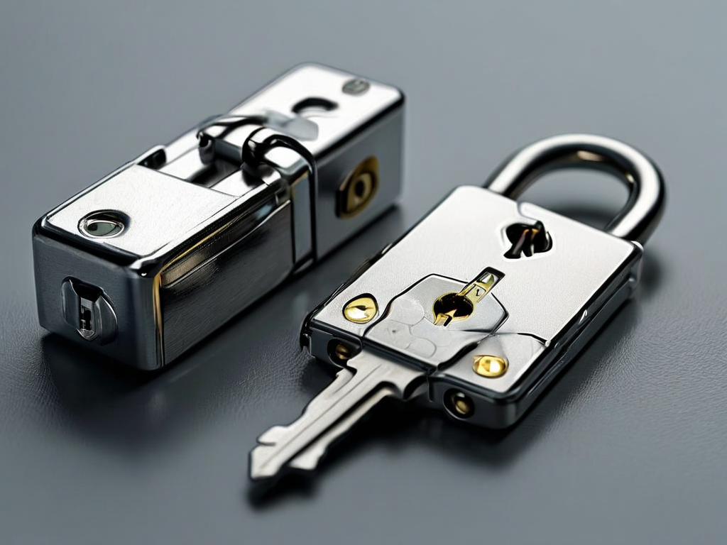 Small metal lock, closed key case, and blank security card on a matte gray studio surface with soft side light.